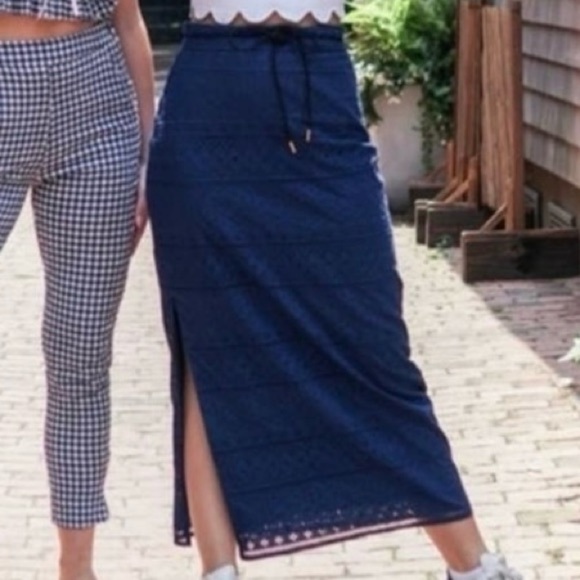 Eyelet Lace Midi/Maxi Skirt In Navy Blue By Cartolina Nantucket Cottagecore - Picture 1 of 11